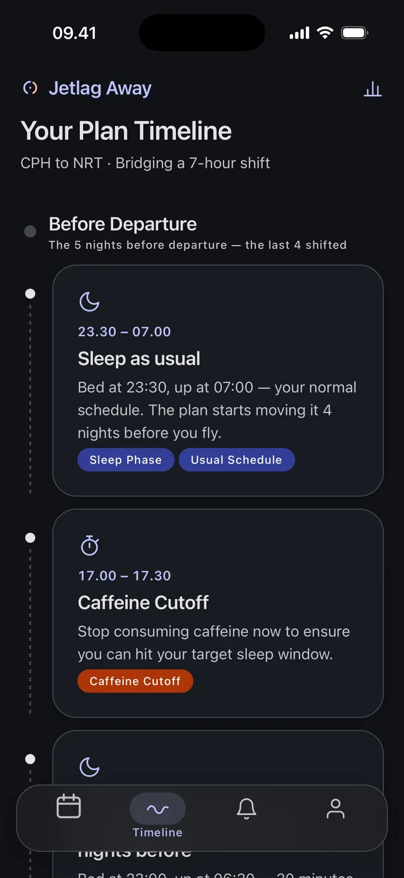 The Jetlag Away timeline screen, showing the five nights before departure — the last four shifted — with a sleep window and a caffeine cutoff, each tagged with its phase type.